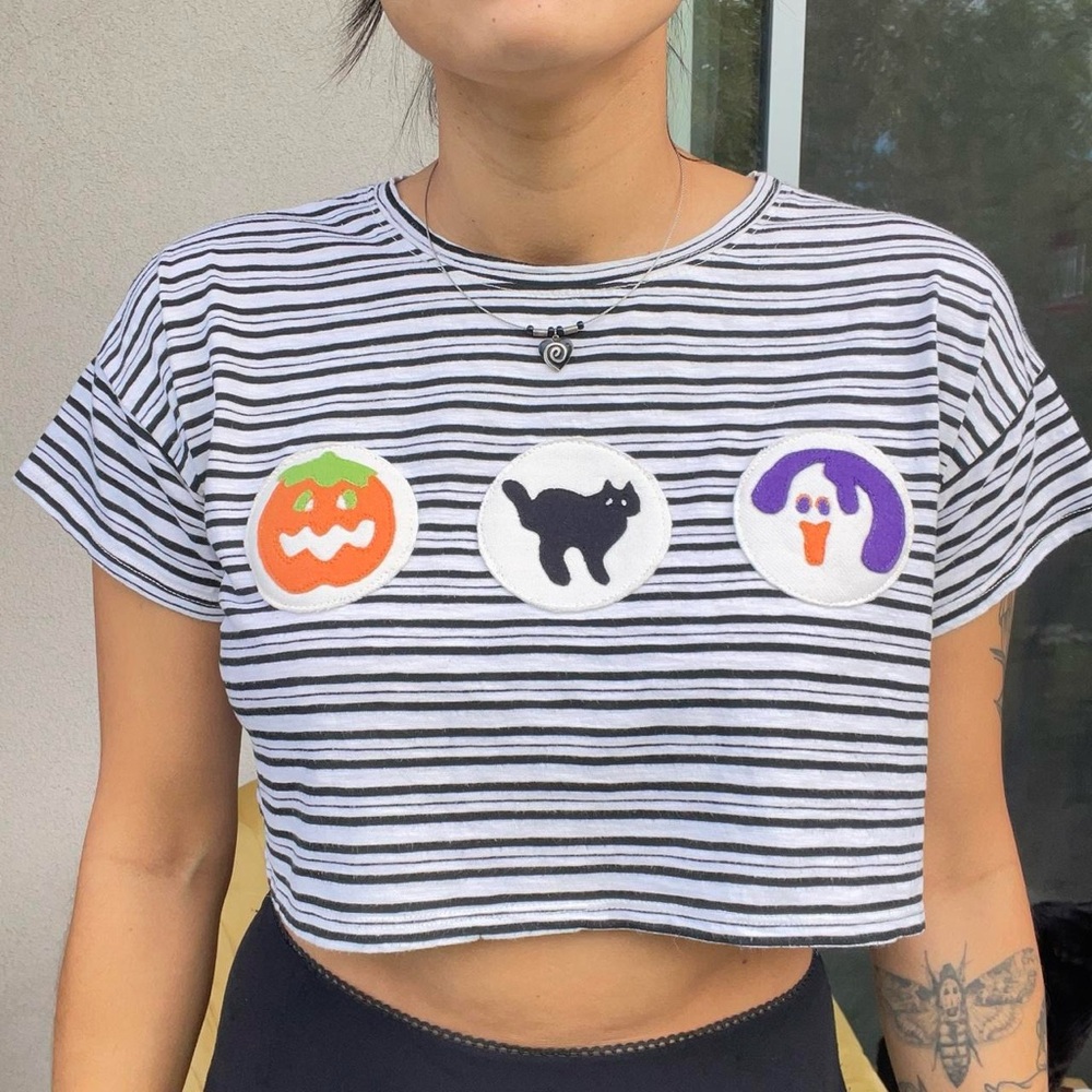 Striped Halloween Cookies Crop Top with Handmade Appliqué Patches